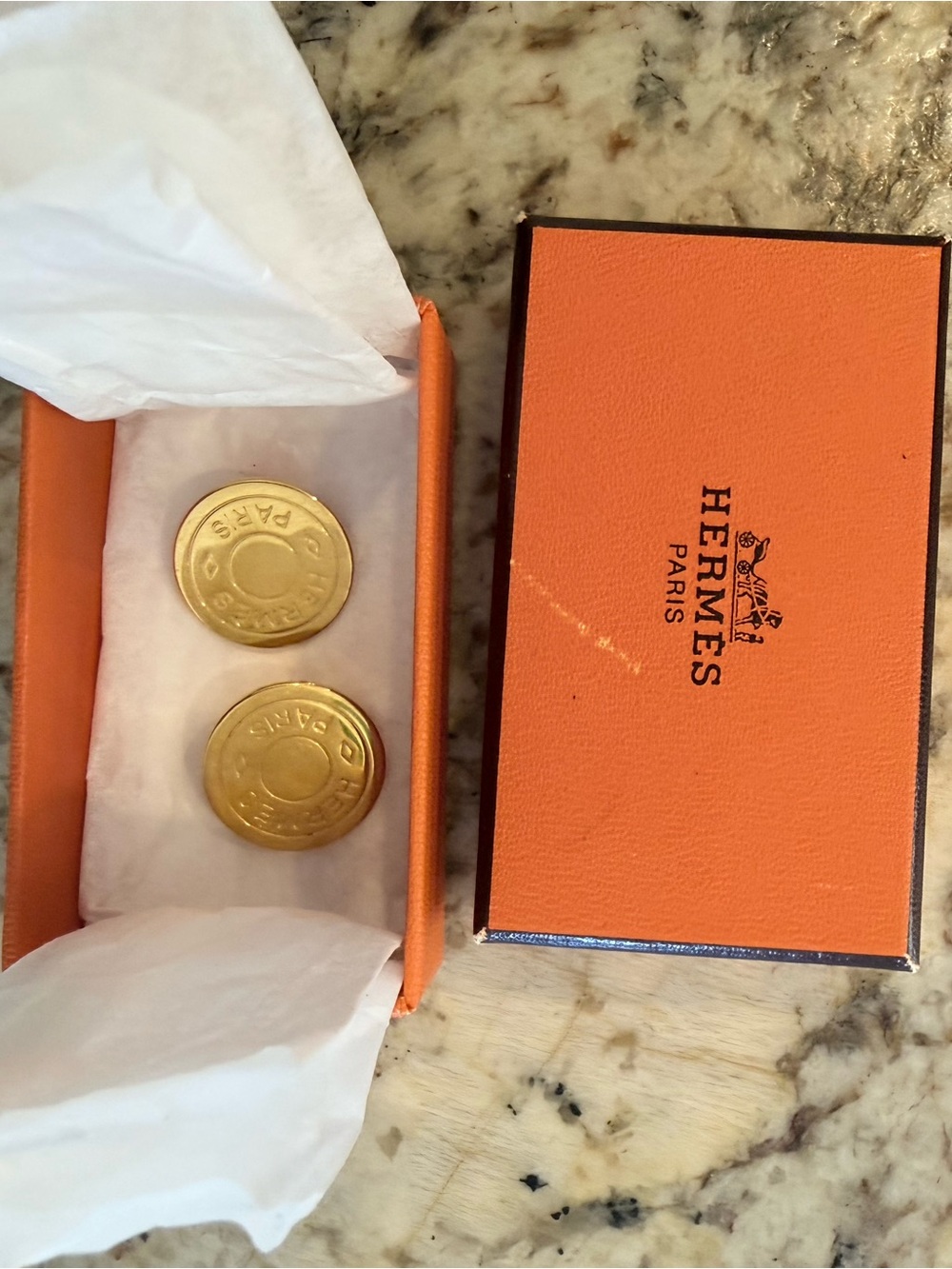 Hermes Gold Circle Logo Clip-On Earrings with Orange Box